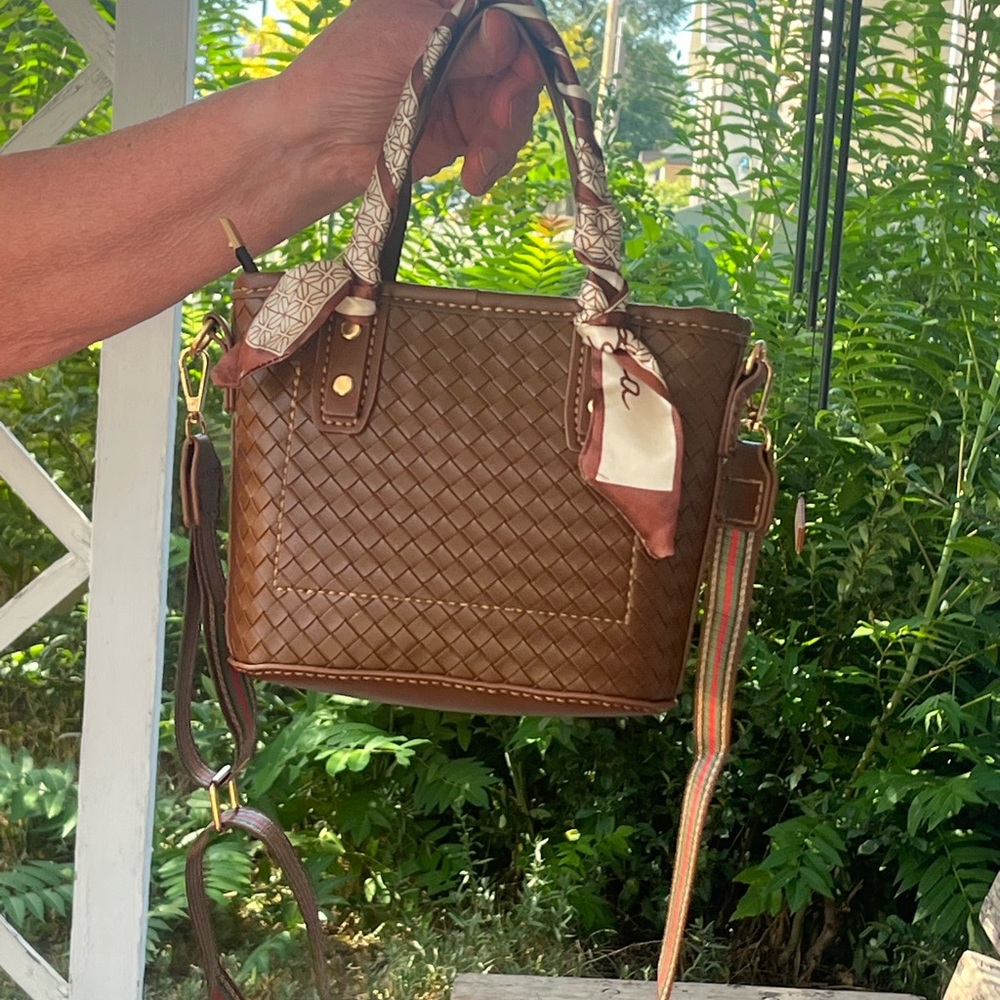 Brown Woven Handbag with Scarf Accent